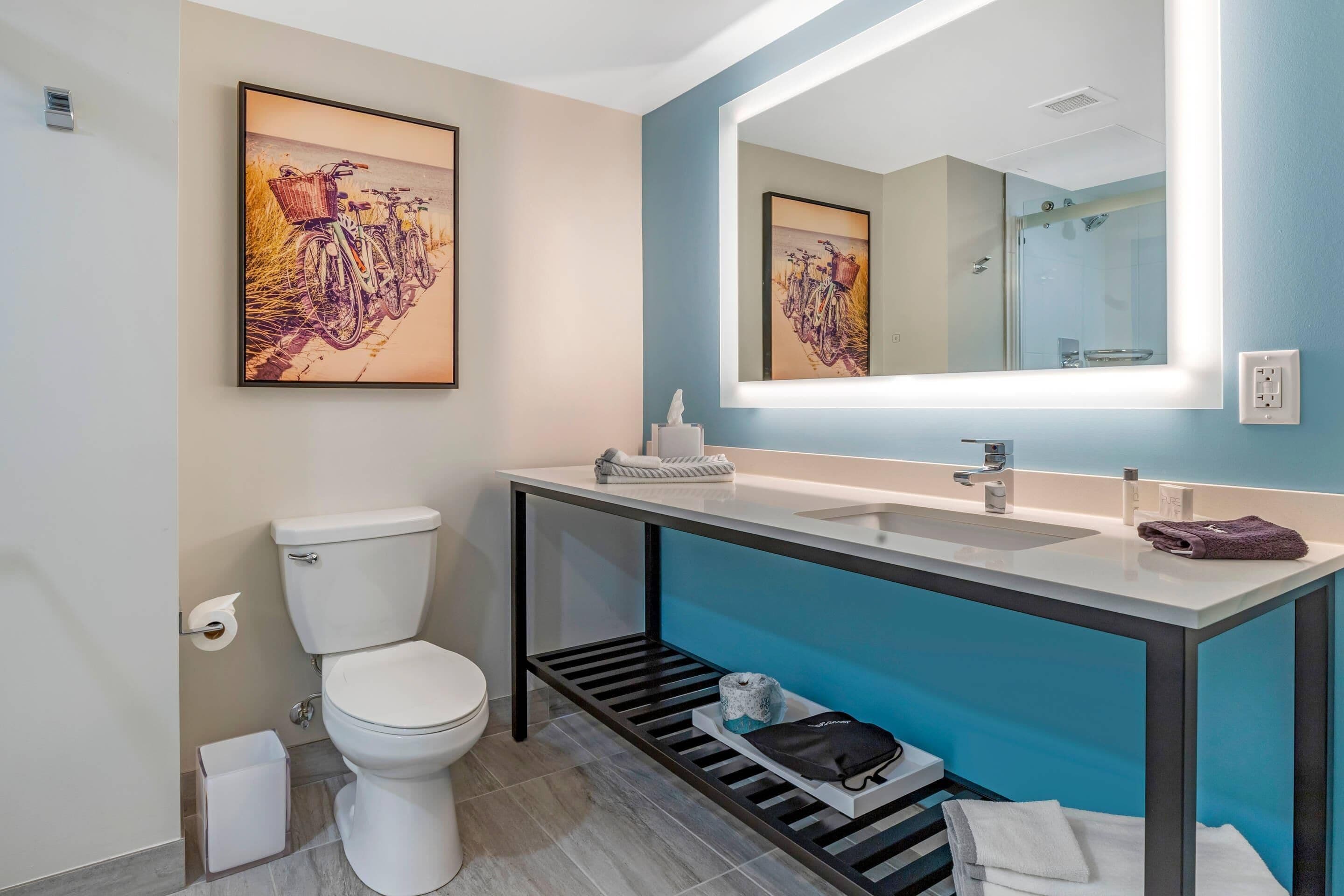 A modern bathroom with a toilet, sink, mirror, and artwork on the walls.