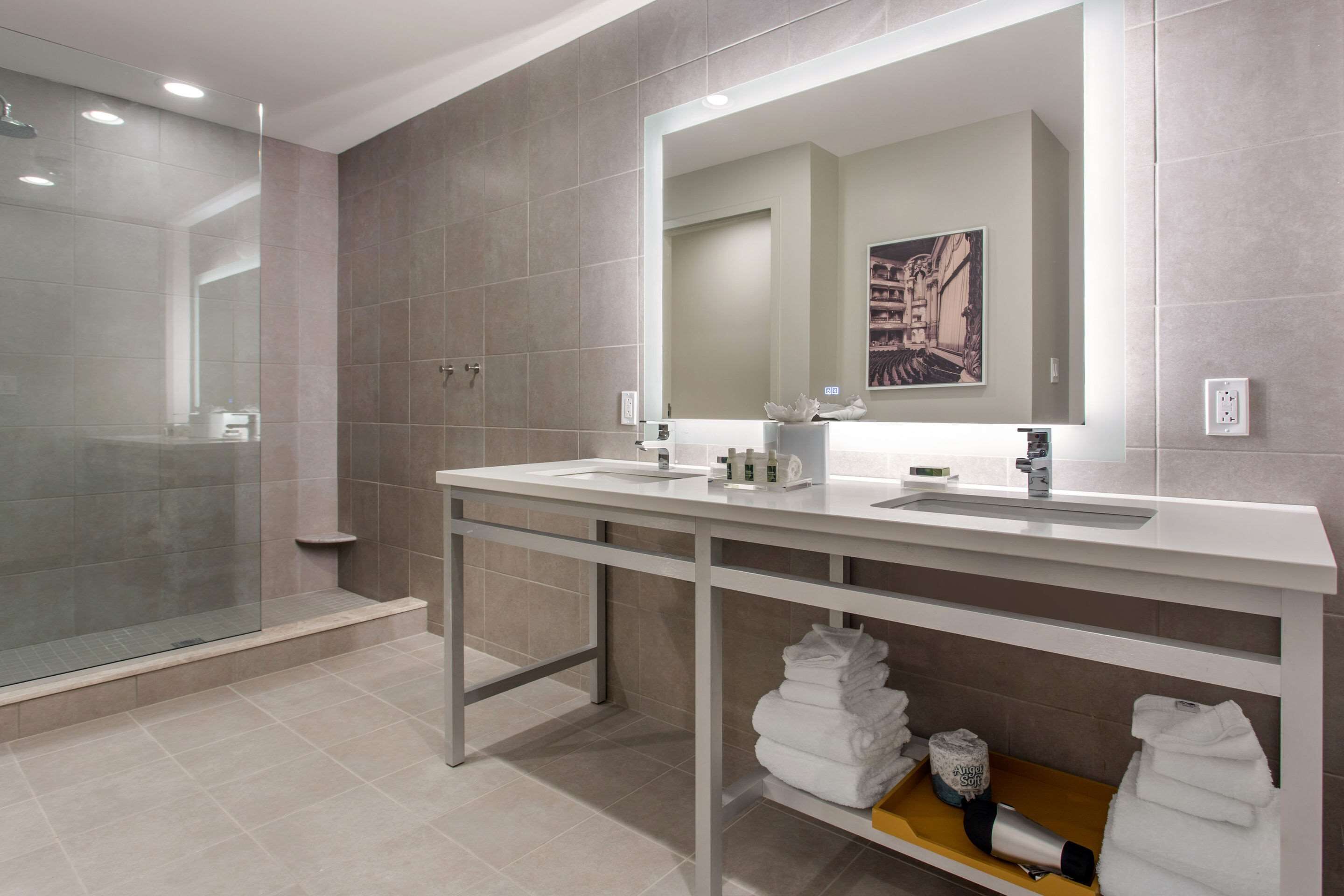 premium bedding, desk, laptop workspace, blackout curtains