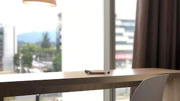 In-room safe, desk, laptop workspace, soundproofing