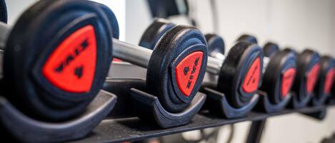A row of weightlifting dumbbells with red accents on a rack.
