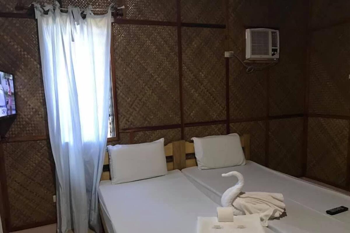 A room with a bed, a TV, a curtain, and an air conditioning unit.