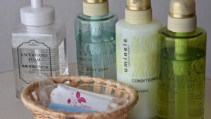 A collection of personal care products including face and hand foam, body soap, conditioner, and shampoo. - Tokyo BUC Nakagin (Tokyo)