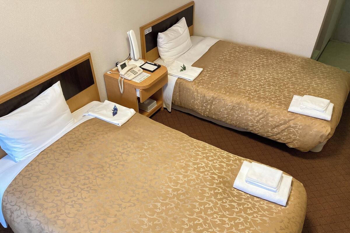 Two adjacent hotel beds with patterned bedspreads, a bedside table with a phone and a notepad, and a pillow on each bed.