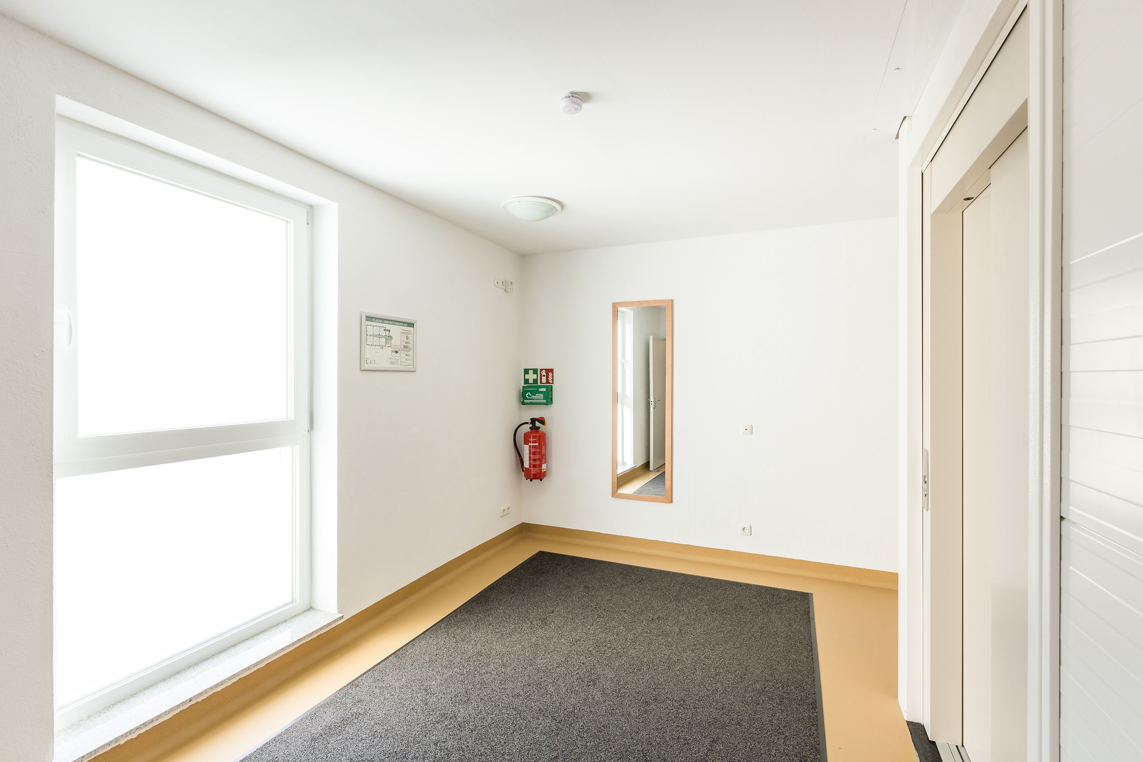 A hallway with a grey carpet, white walls, a fire extinguisher, and a mirror.