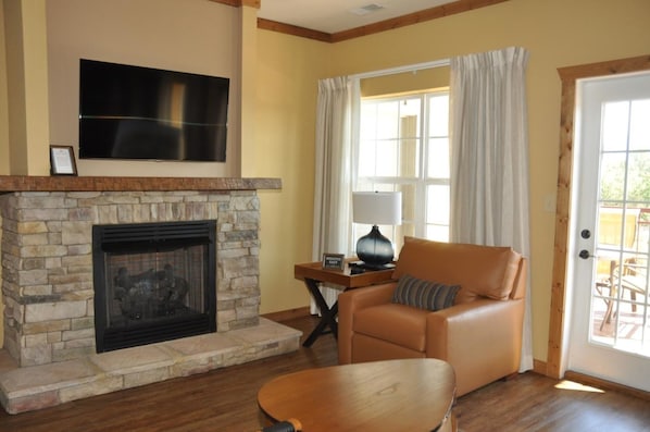 Televisión, chimenea, reproductor de DVD y estéreo