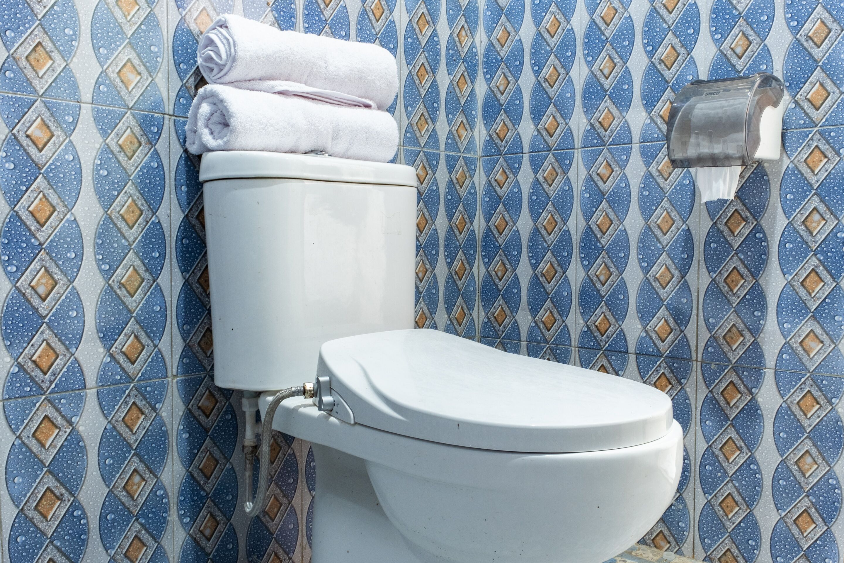 Lavabo amb dipòsit i seient blancs, dispensador de paper higiènic i paret de rajola blava i taronja amb dibuixos.