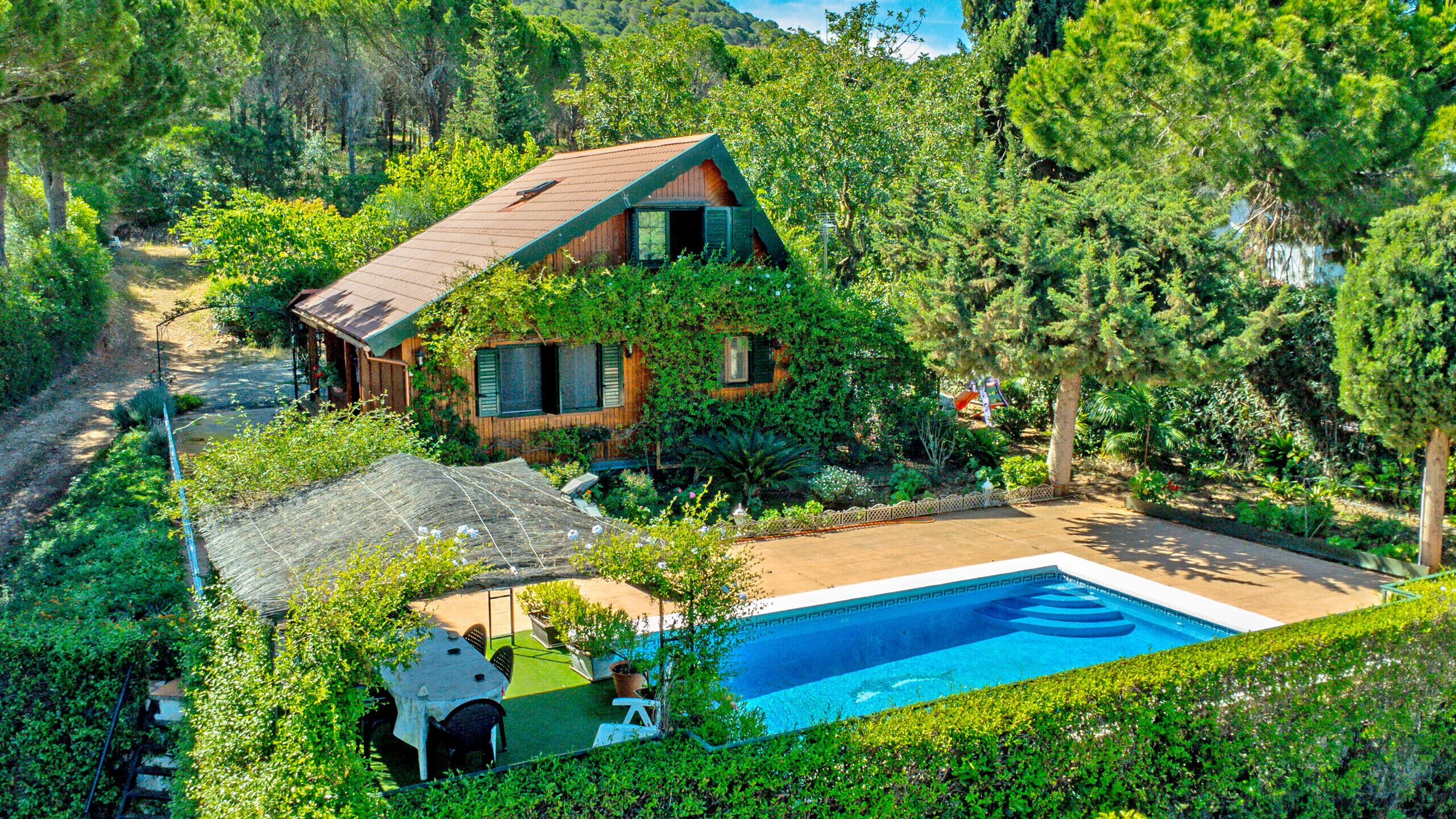Ein Haus mit Swimmingpool, umgeben von üppiger Vegetation.