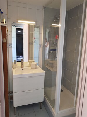 Shower, hair dryer, soap