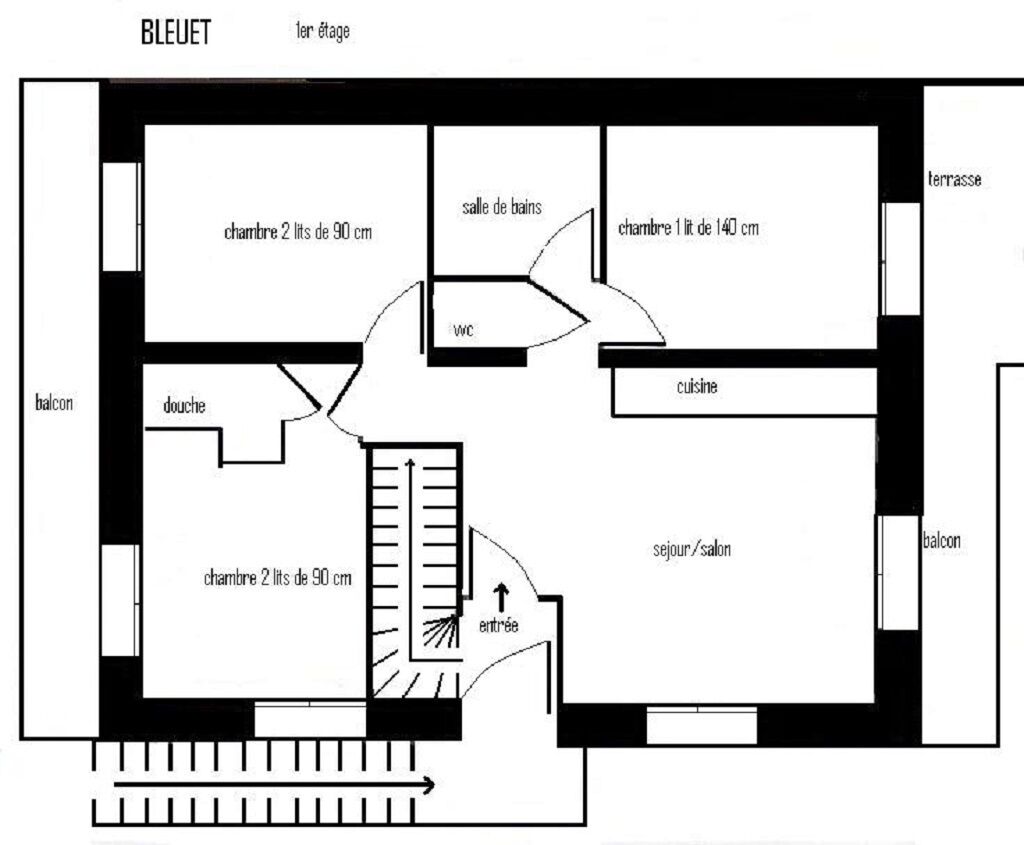 A floor plan of a hotel with two 90 cm rooms, a 140 cm room, a bathroom, a kitchen, a living/dining area, and a balcony.