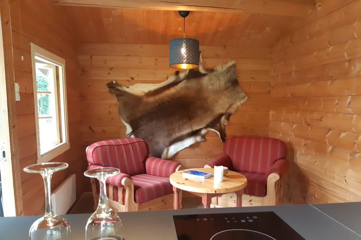 L’intérieur chaleureux d’un chalet, avec des murs en bois, une table à manger, deux fauteuils rouges recouverts de tissu et une grande peau d’animal accrochée au mur.