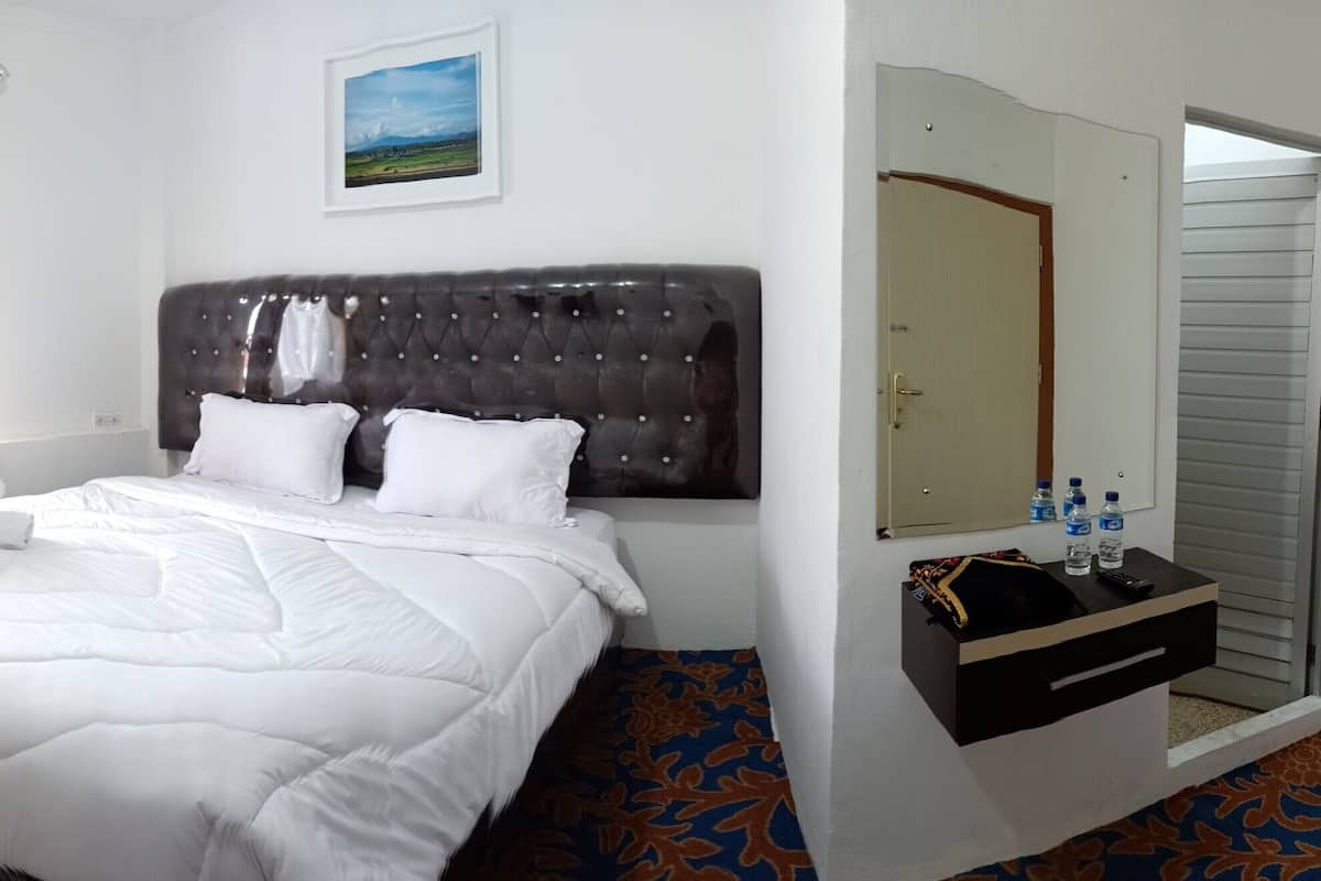 A hotel room with a large bed, a bedside table with a mirror, a window with curtains, and a wall-mounted TV.