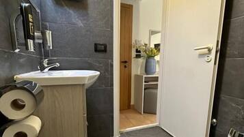 A modern bathroom with a sink, toilet paper, and a mirror.