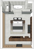 A modern bathroom with a bathtub, a toilet, a sink, and a vanity.
