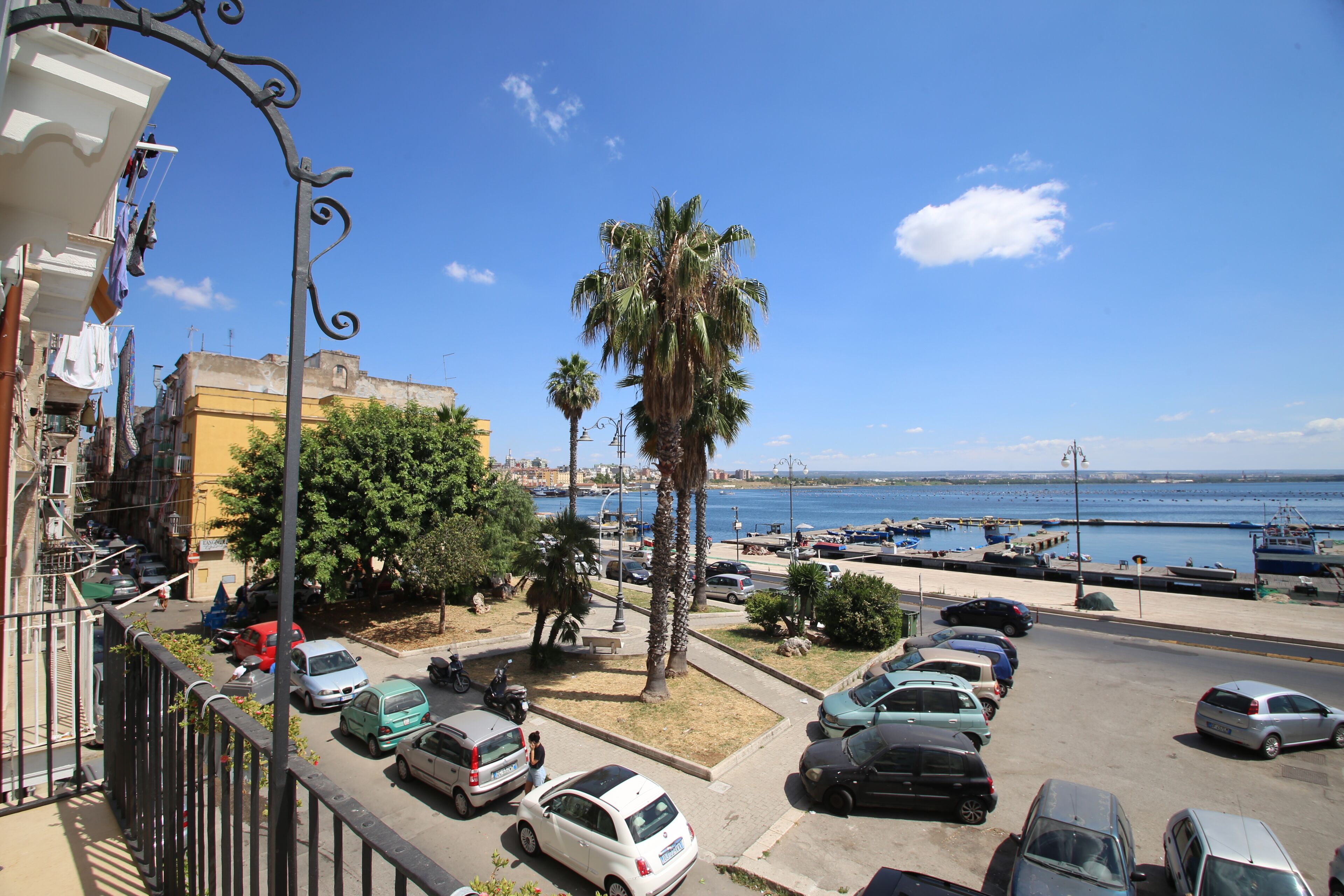 A coastal street with parked cars, a palm tree, and a view of the sea.