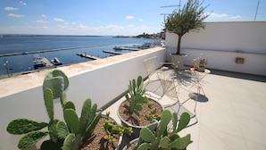 Une terrasse sur le toit agrémentée de cactus en pot, d’une chaise en métal et offrant une vue sur la mer et les bateaux.