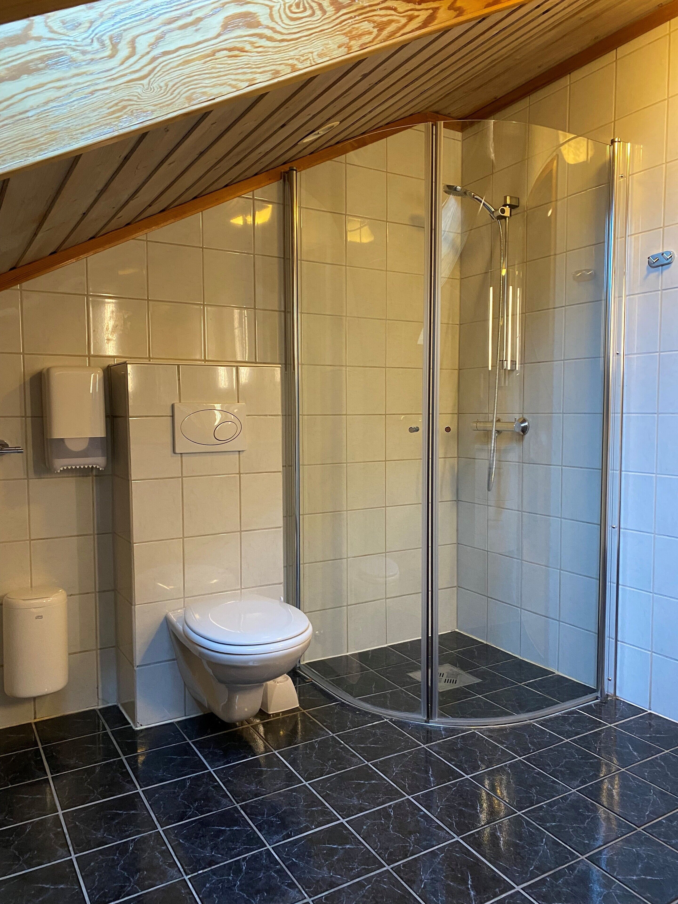 Une salle de bain avec une douche à parois de verre, des toilettes et un sèche-mains.