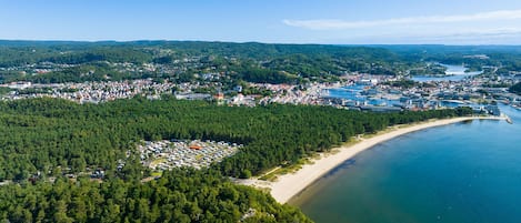 An aerial view of a coastal town with a dense forest, a sandy beach, and a marina.