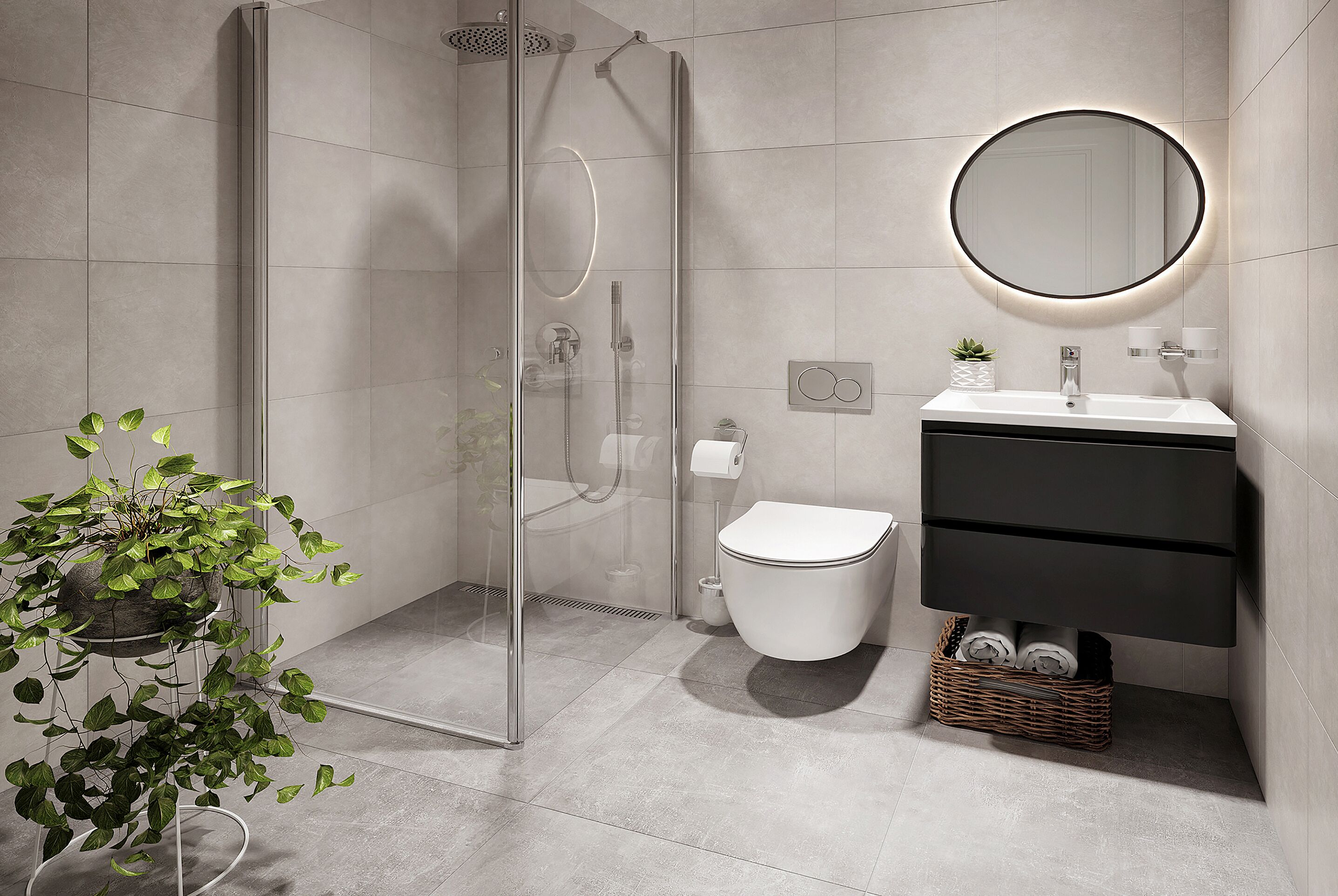 A modern bathroom with a glass-enclosed shower, a white toilet, a black vanity, and a round mirror with a light halo.