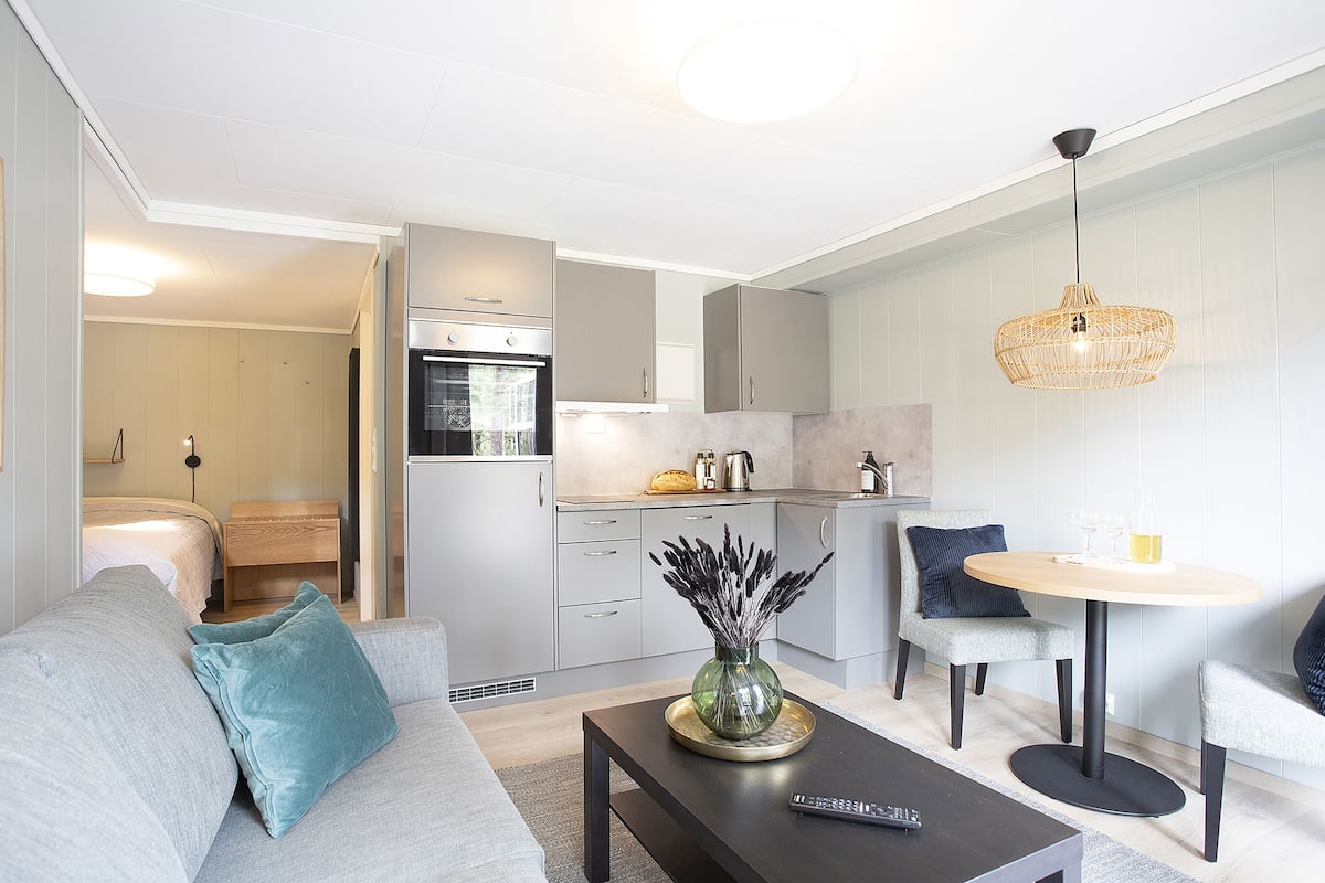 A modern living room with a grey sofa, a coffee table, and a dining area with a round table and chairs.