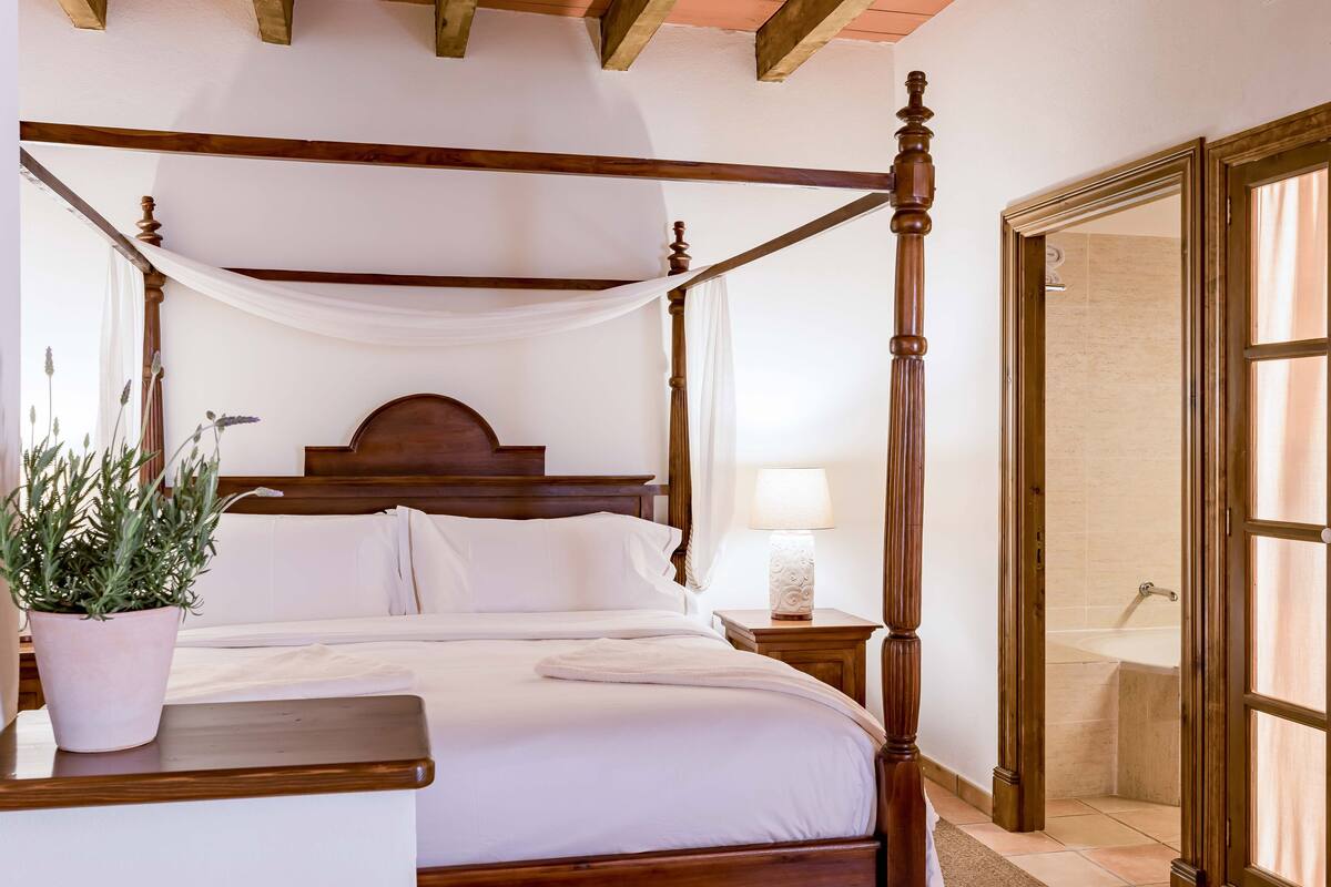 A four-poster bed with white linens, a bedside table with a lamp, and a potted plant.