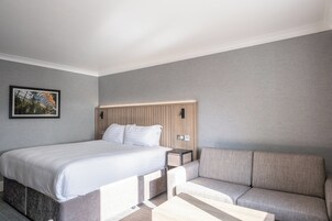 Una habitación de hotel moderna con una cama grande, un sofá y una mesita.
