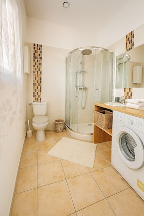 Shower, hair dryer, towels