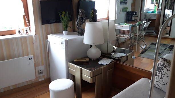 A compact kitchen with a refrigerator, a small table with a lamp, a potted plant, and a chair. - STUDIO GREEN   near city center, free parking, wifi, at banks of river Sava (Zagreb)