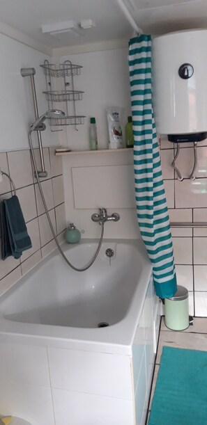 Combined shower/bathtub, hair dryer, slippers, towels - STUDIO GREEN   near city center, free parking, wifi, at banks of river Sava (Zagreb)