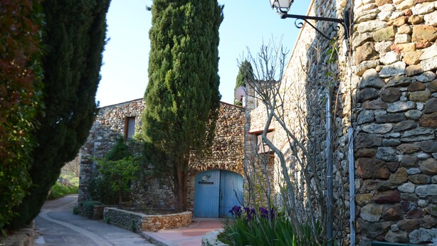 Un camí de pedra estret que condueix a un edifici de pedra tradicional amb una porta blava, envoltat de vegetació i una bústia.