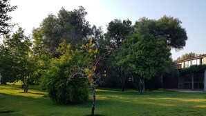 Ein Haus mit Garten, Sitzgelegenheiten im Freien und einem Swimmingpool.