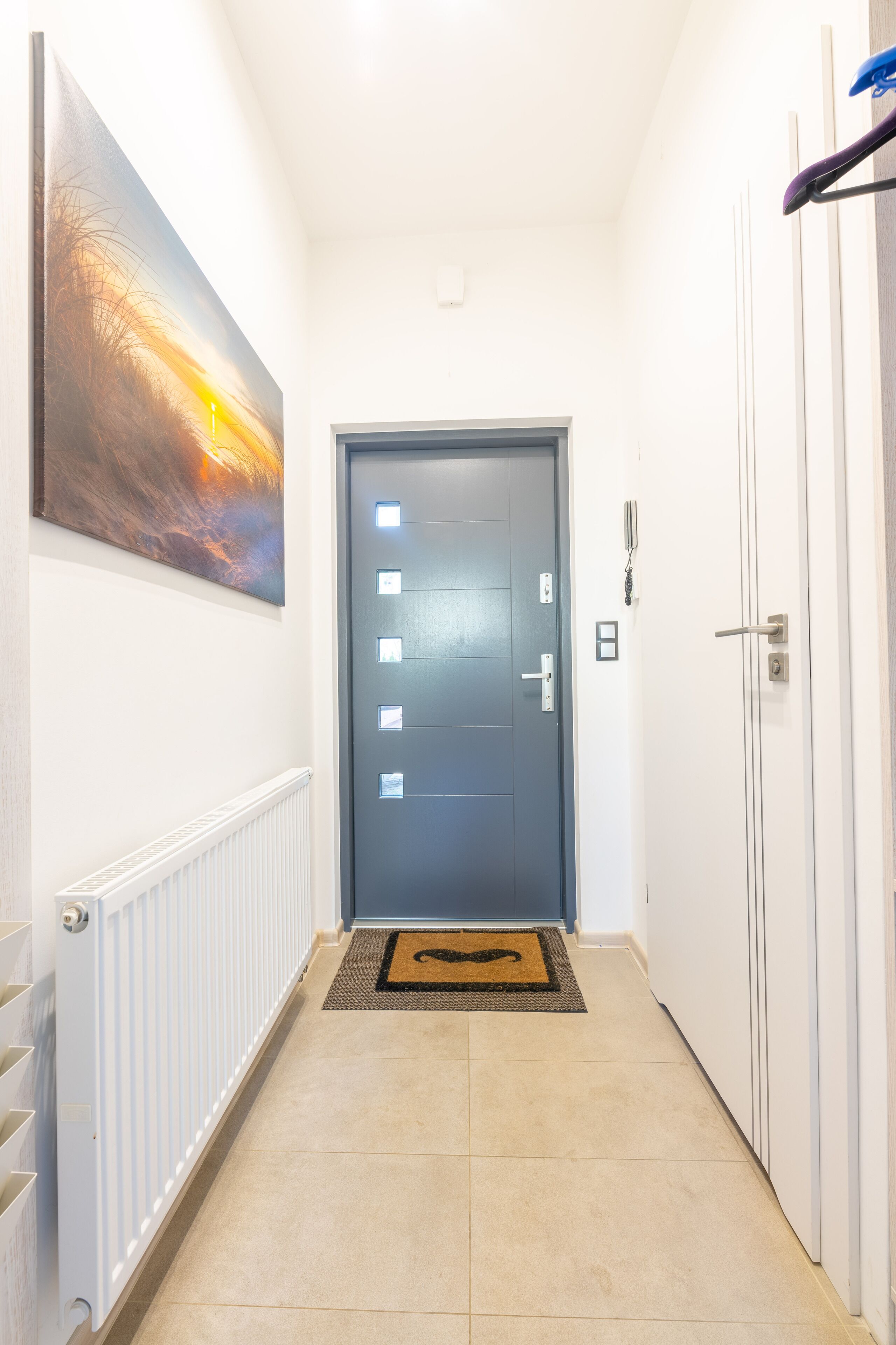 A hallway with a door, a radiator, a painting, and a doormat.
