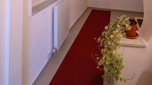 A narrow hallway with a red carpet, a radiator, a window with blinds, and a potted plant. - Teatro sullo Stretto (Messina)