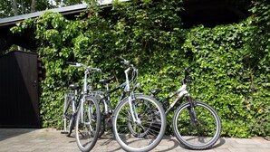 A row of bicycles parked against a wall with a hedge in the background. - Apartment Seeadlerhorst Oberhof Boltenhagen (Oberhof)