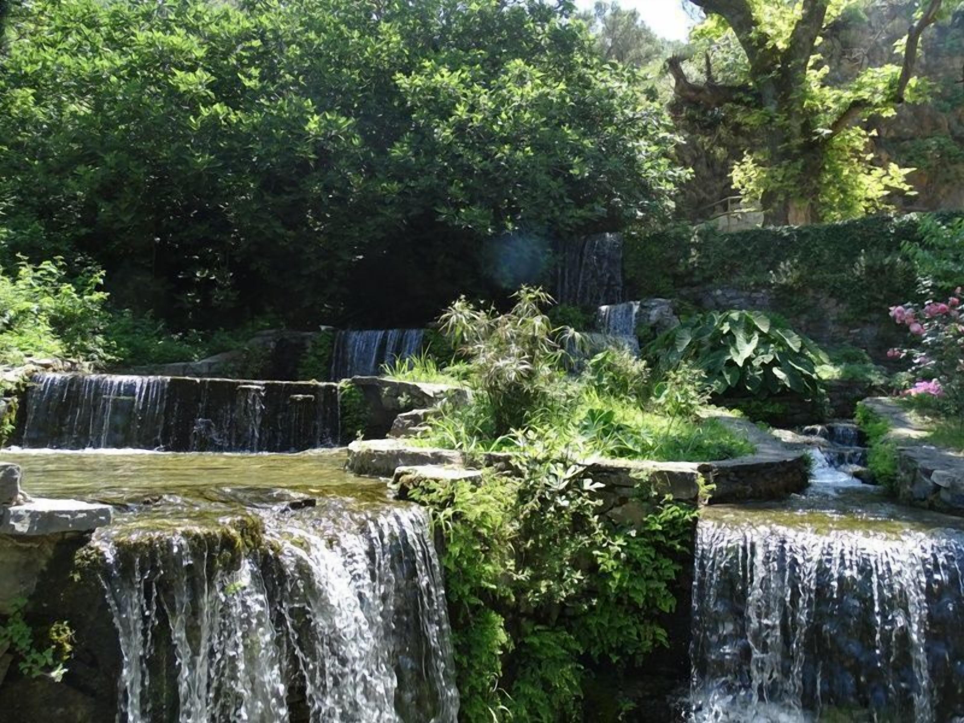 A waterfall cascading over rocks with lush greenery and trees in the background.