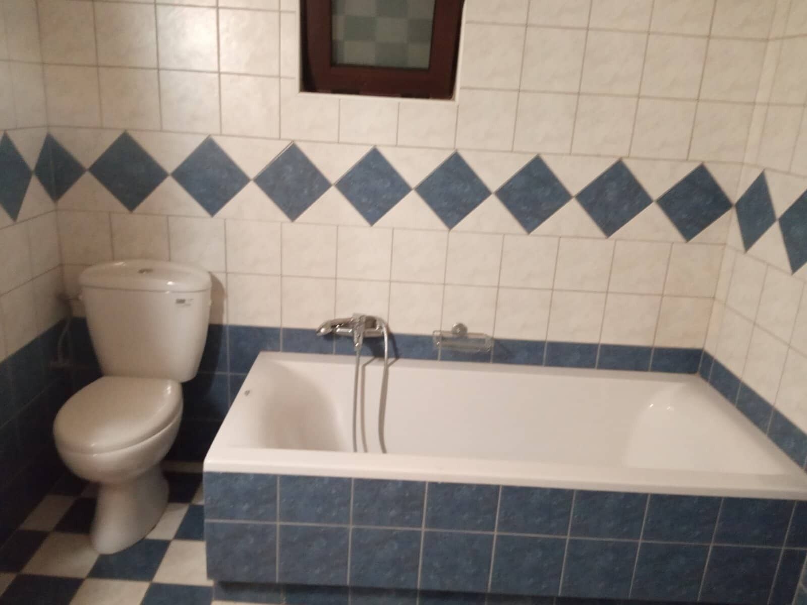 A bathroom with a toilet and a bathtub.