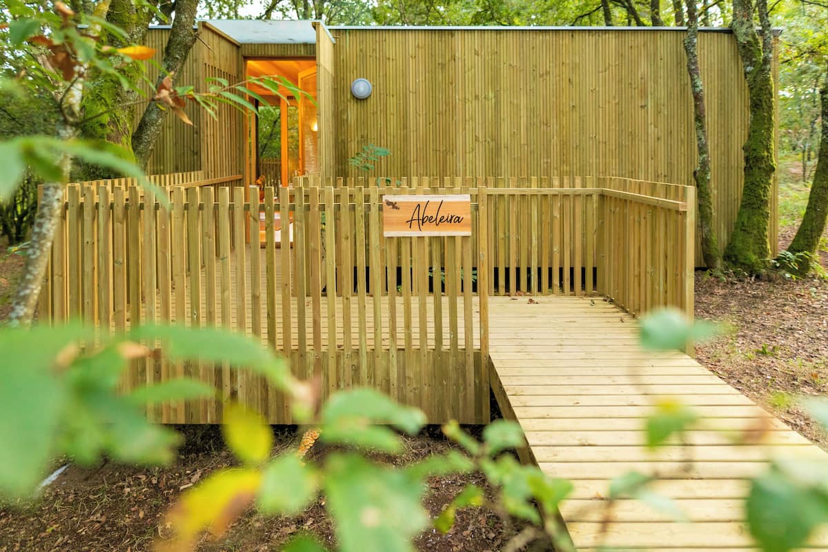 Une cabane en bois avec une rampe menant à une porte, entourée d’arbres.