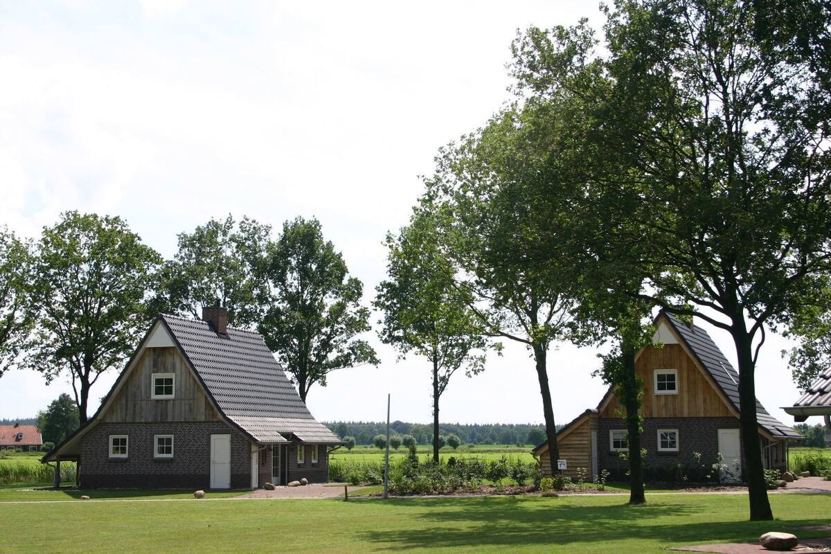 Two wooden houses with pitched roofs, surrounded by a grassy area and trees.