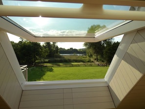 A skylight in a room with a view of a grassy area and trees.