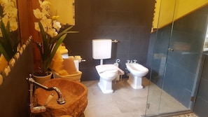 Een douche, een haardroger, een bidet, handdoeken