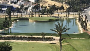 Ein Golfplatz mit Teich, Palmen und Blick auf nahegelegene Gebäude.