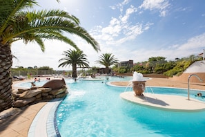 A large outdoor swimming pool with multiple water features, surrounded by palm trees and a landscaped area.
