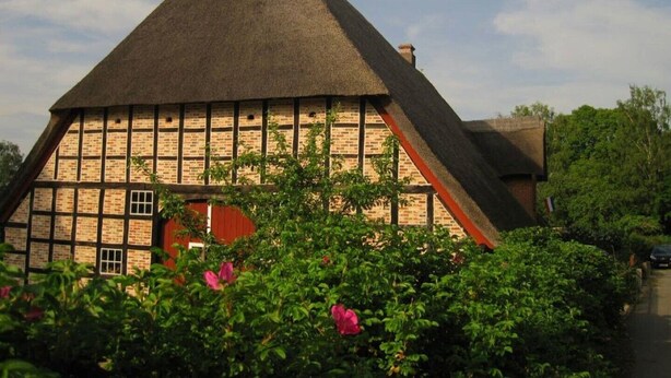 A traditional thatched-roof house with a brick facade and a red door. - Vacation under thatch (Postfeld)