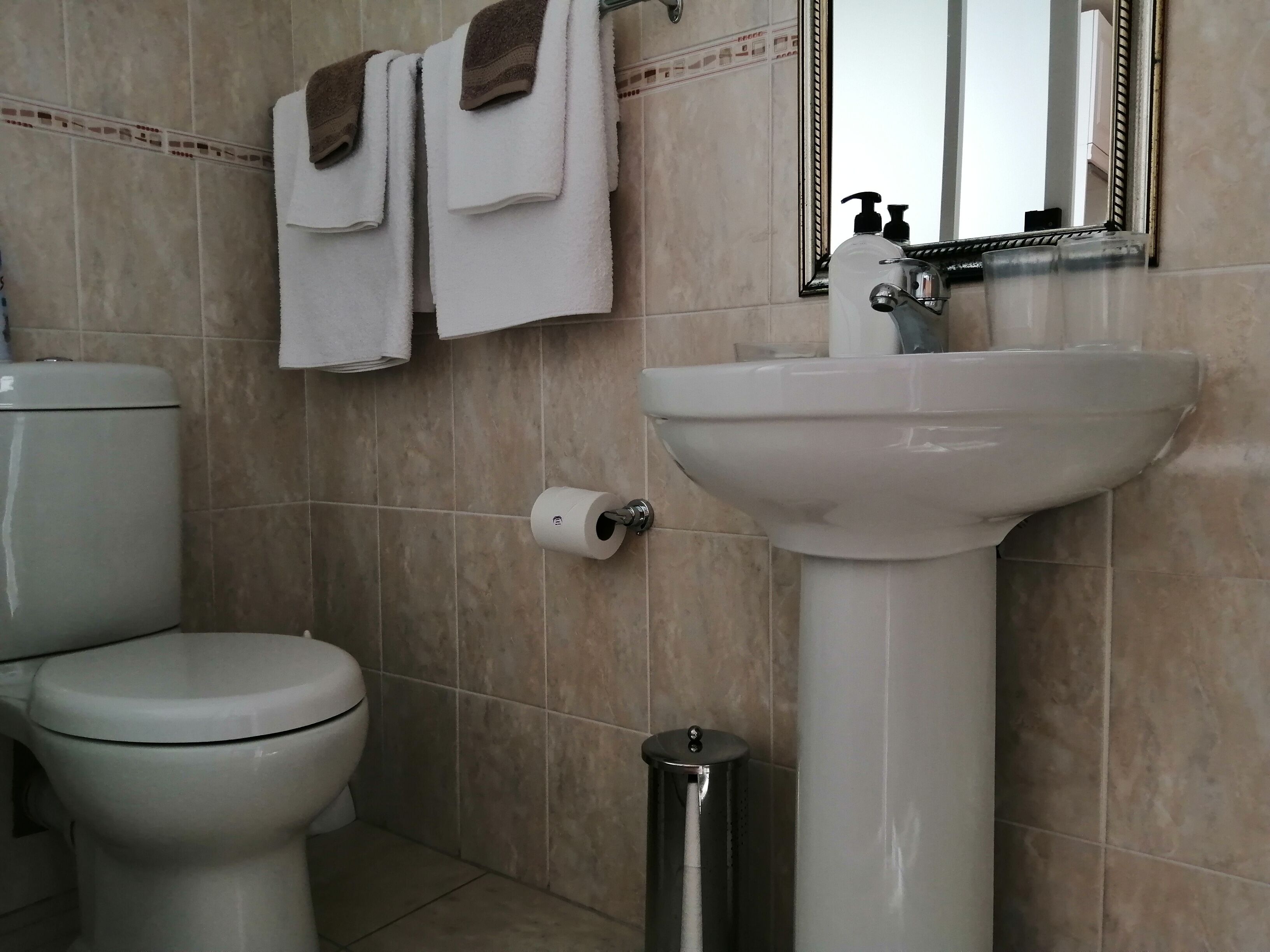 Un baño con inodoro, lavamanos y cubo de basura.