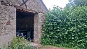 Un edificio rústico de piedra con una puerta entreabierta que deja ver una habitación pequeña.