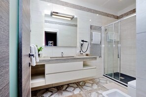 Shower, hair dryer, bidet, towels