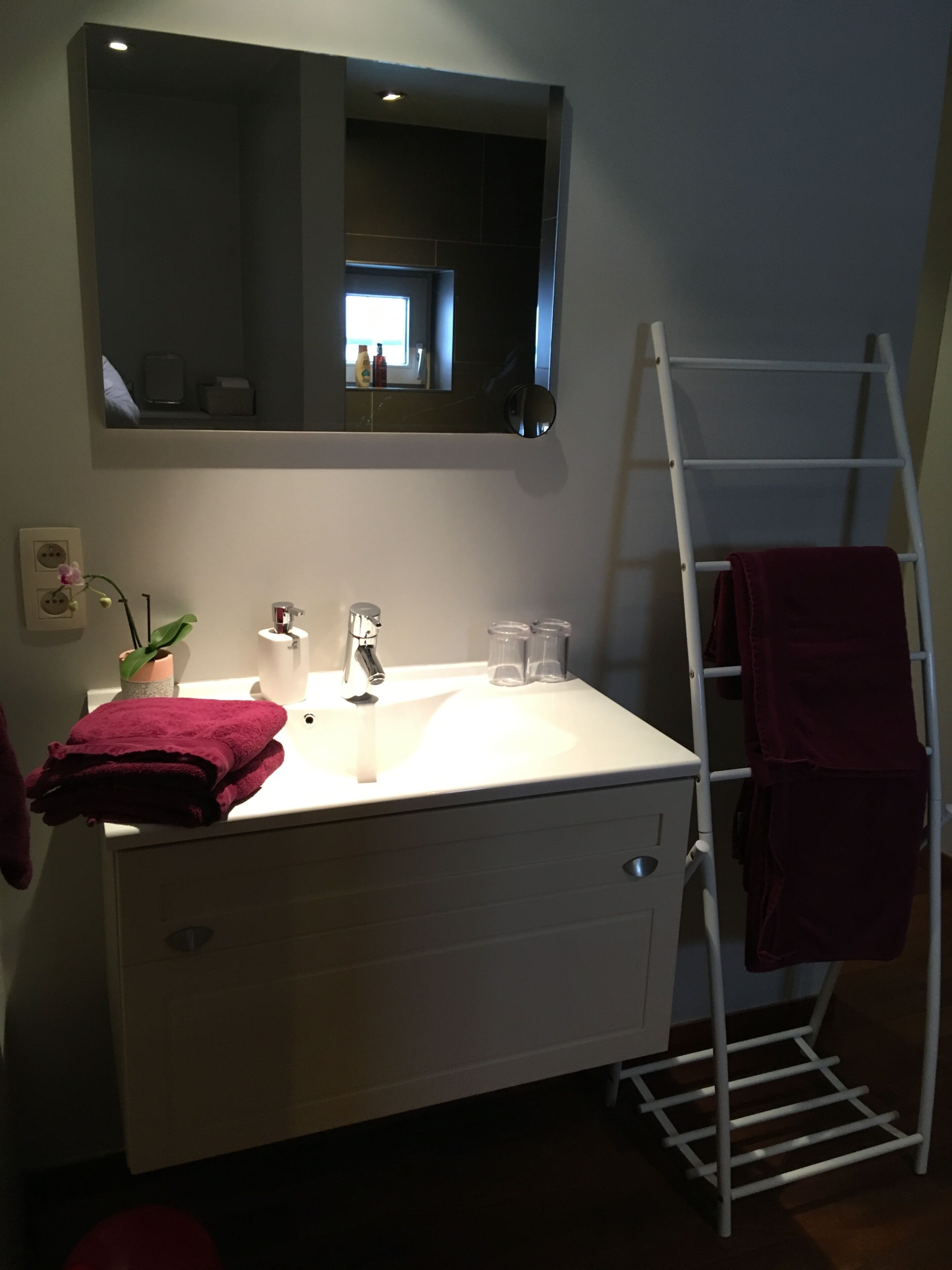 A bathroom with a white vanity, a mirror above the sink, a ladder, and a red towel.