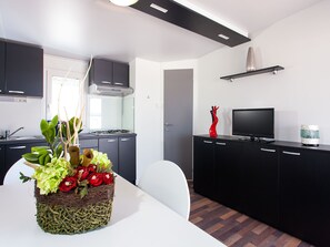 Mobile Home, 2 Bedrooms, Pool Access | Private kitchen | Full-sized fridge, stovetop, coffee/tea maker, electric kettle - Superior Mobile Homes Kastanija - Campsite (Novigrad)