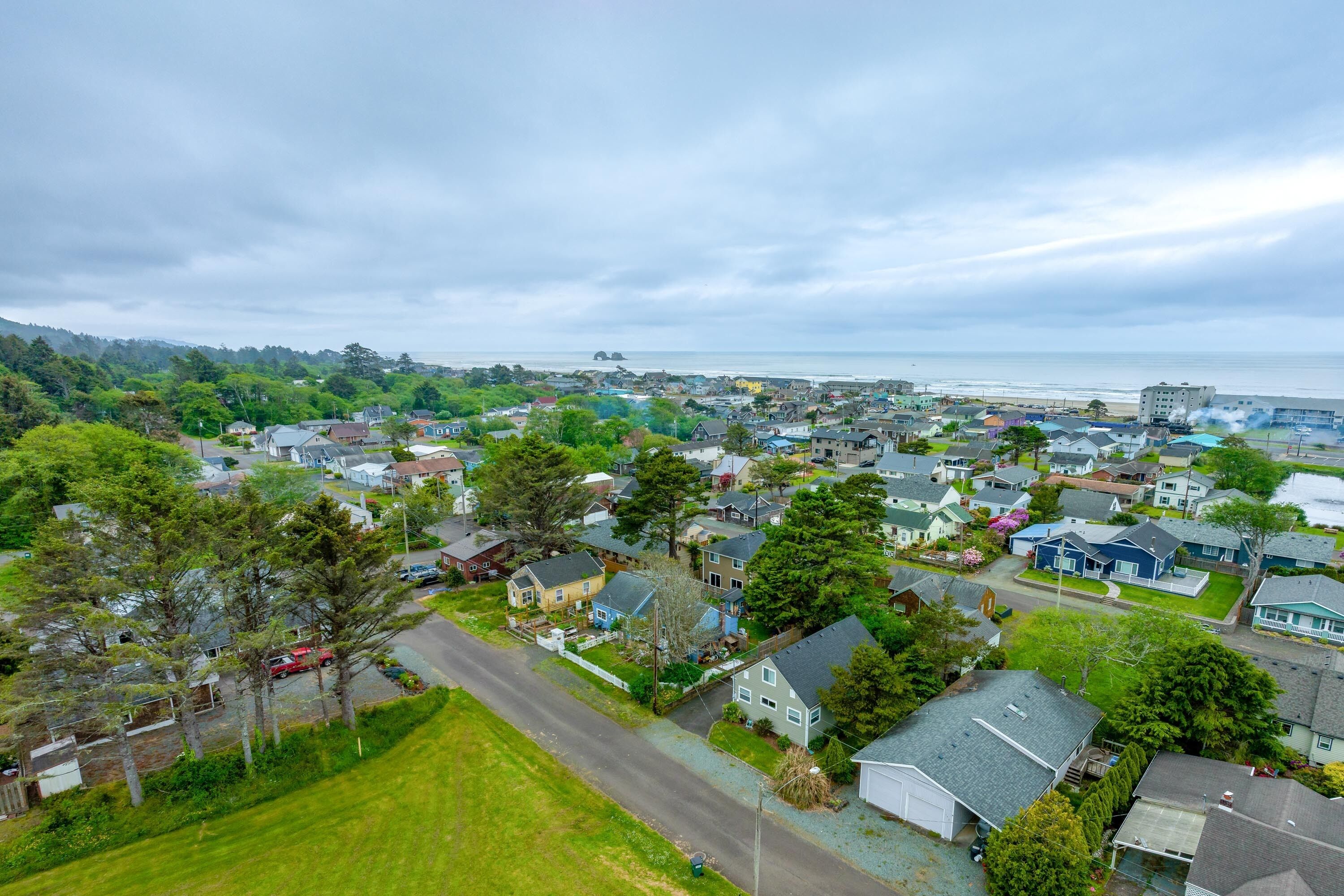 An aerial view of a residential area with houses, a road, and a beach in the background.