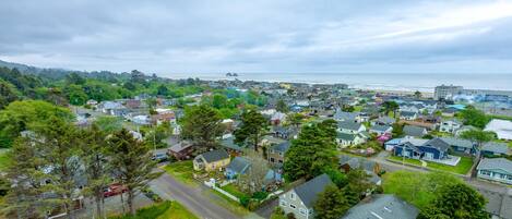 An aerial view of a residential area with houses, a road, and a beach in the background.