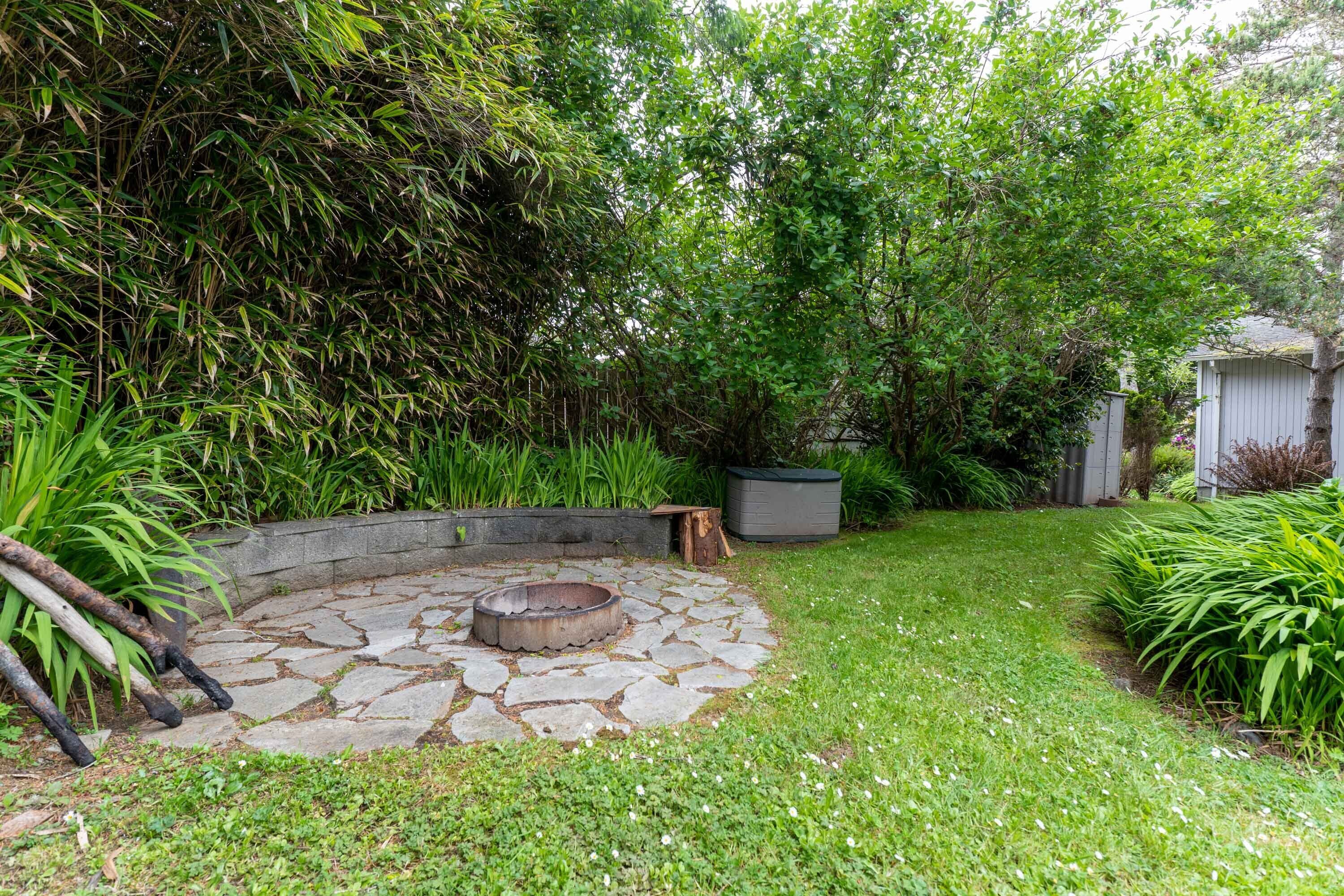 A stone fire pit surrounded by a stone pathway, lush greenery, and a small wooden structure in a garden setting.